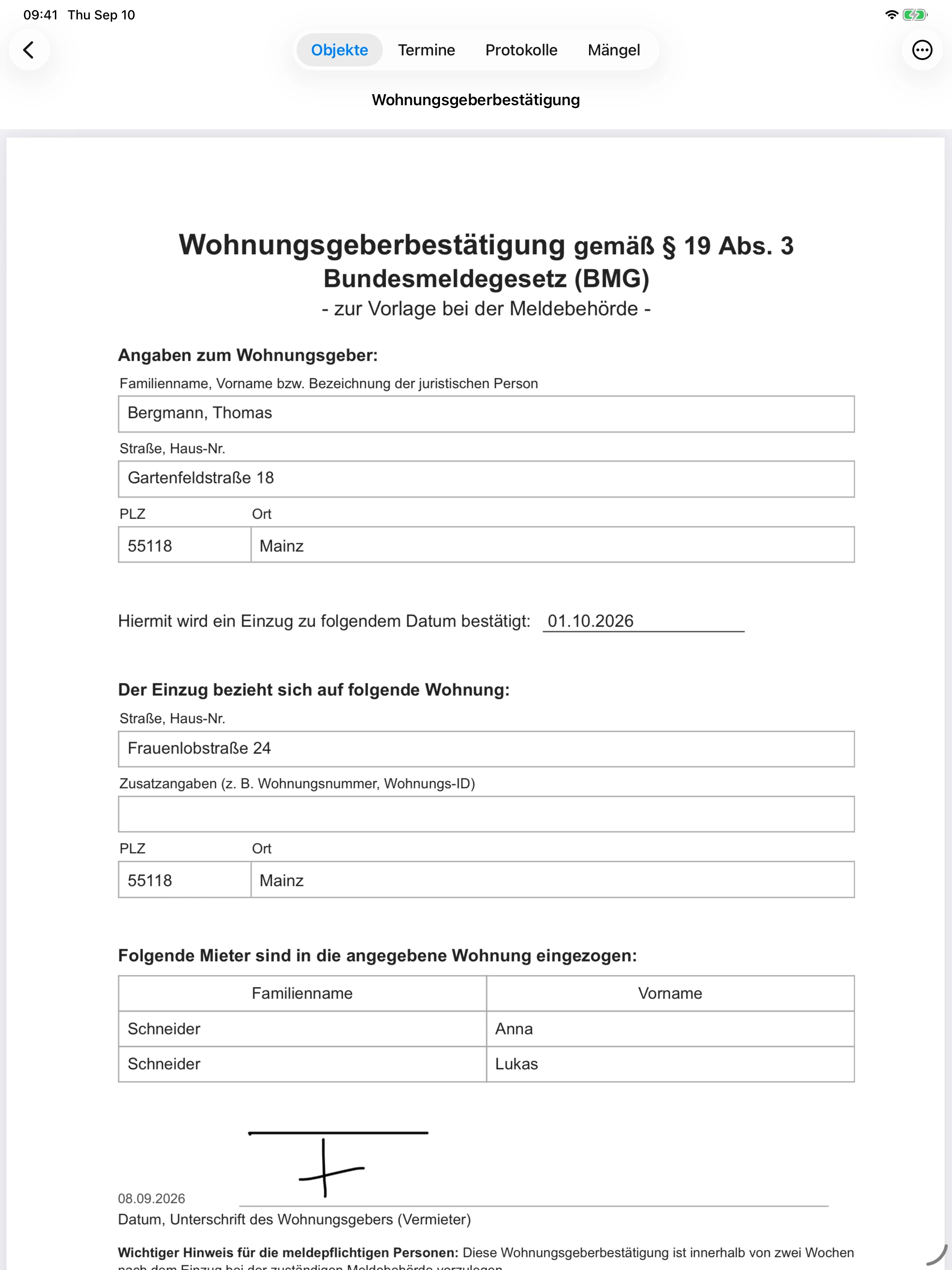 Wohnungsgeberbestätigung aus dem Protokoll zur Frauenlobstraße 24 auf dem iPad im Hochformat.