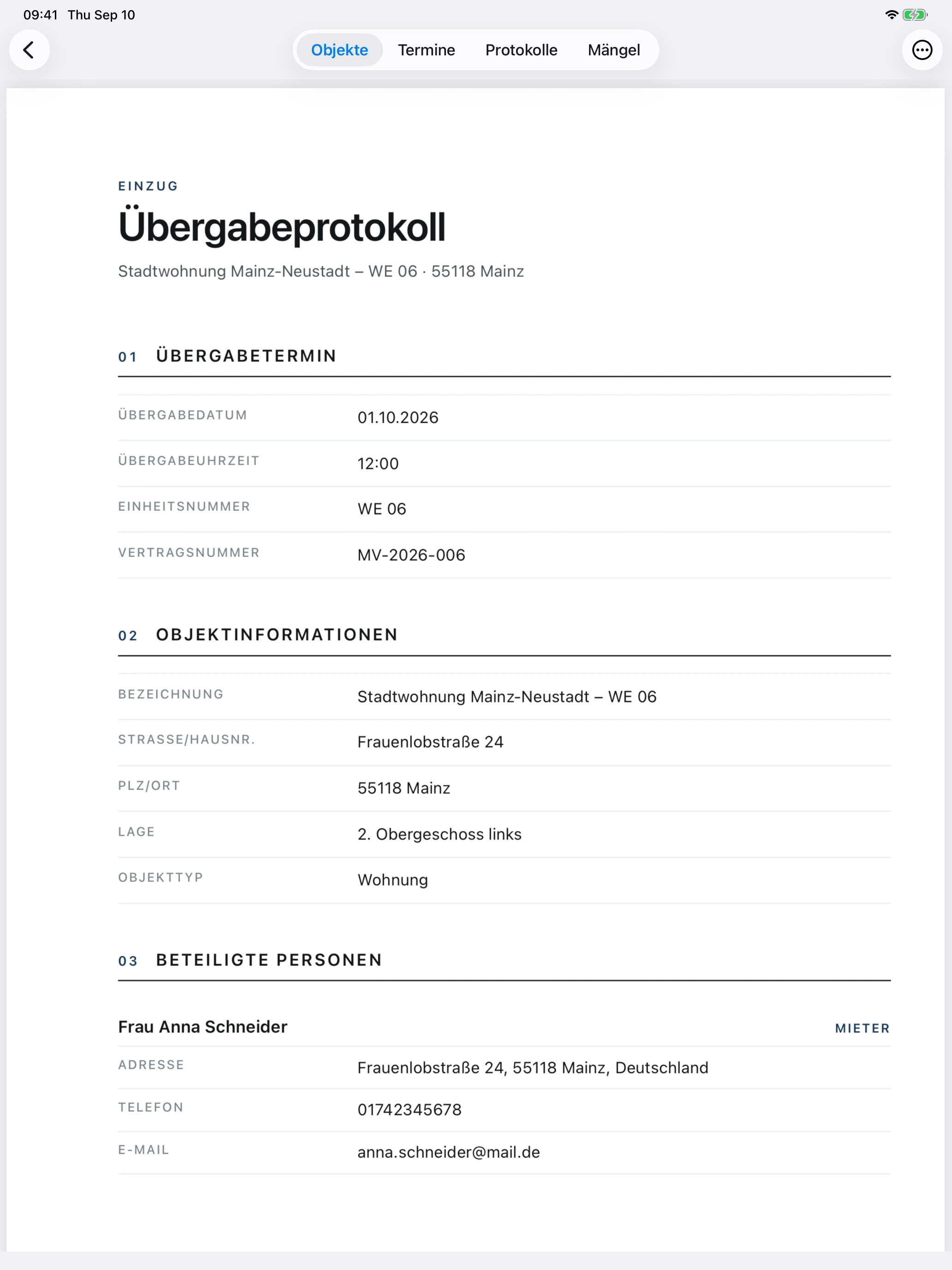 PDF-Vorschau des Einzugsprotokolls für Frauenlobstraße 24 auf dem iPad im Hochformat.