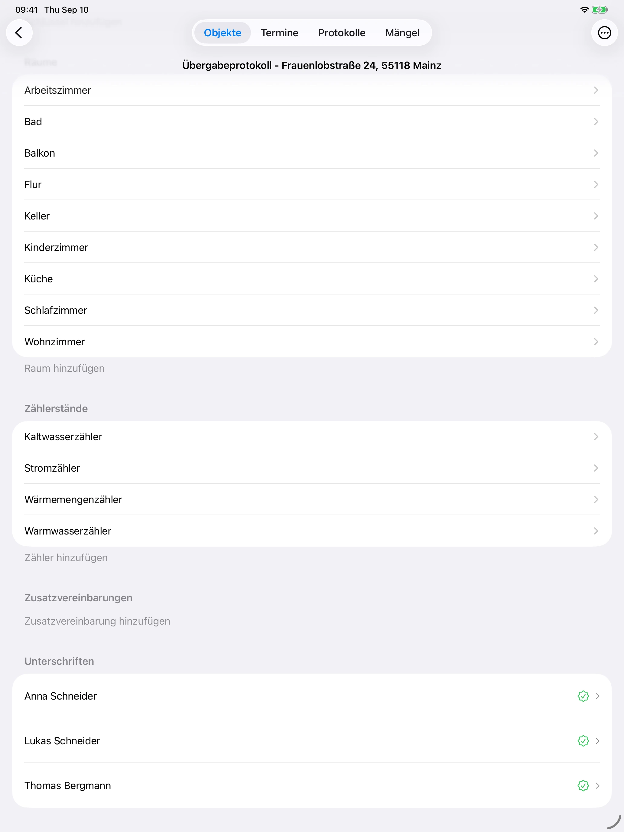 Erfasste Unterschriften und Protokollbereiche zur Frauenlobstraße 24 auf dem iPad im Hochformat.