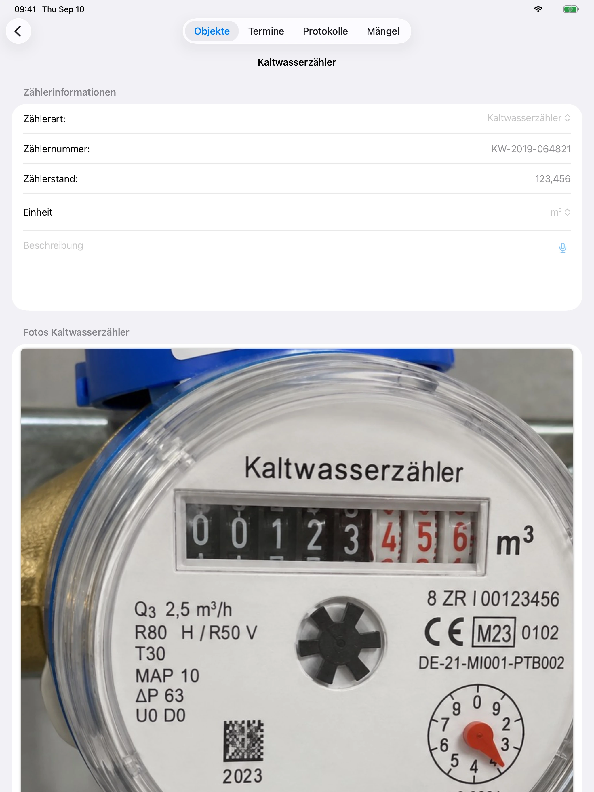 Kaltwasserzähler aus dem Protokoll Frauenlobstraße 24 mit Nummer, Messwert und Foto auf dem iPad im Hochformat.