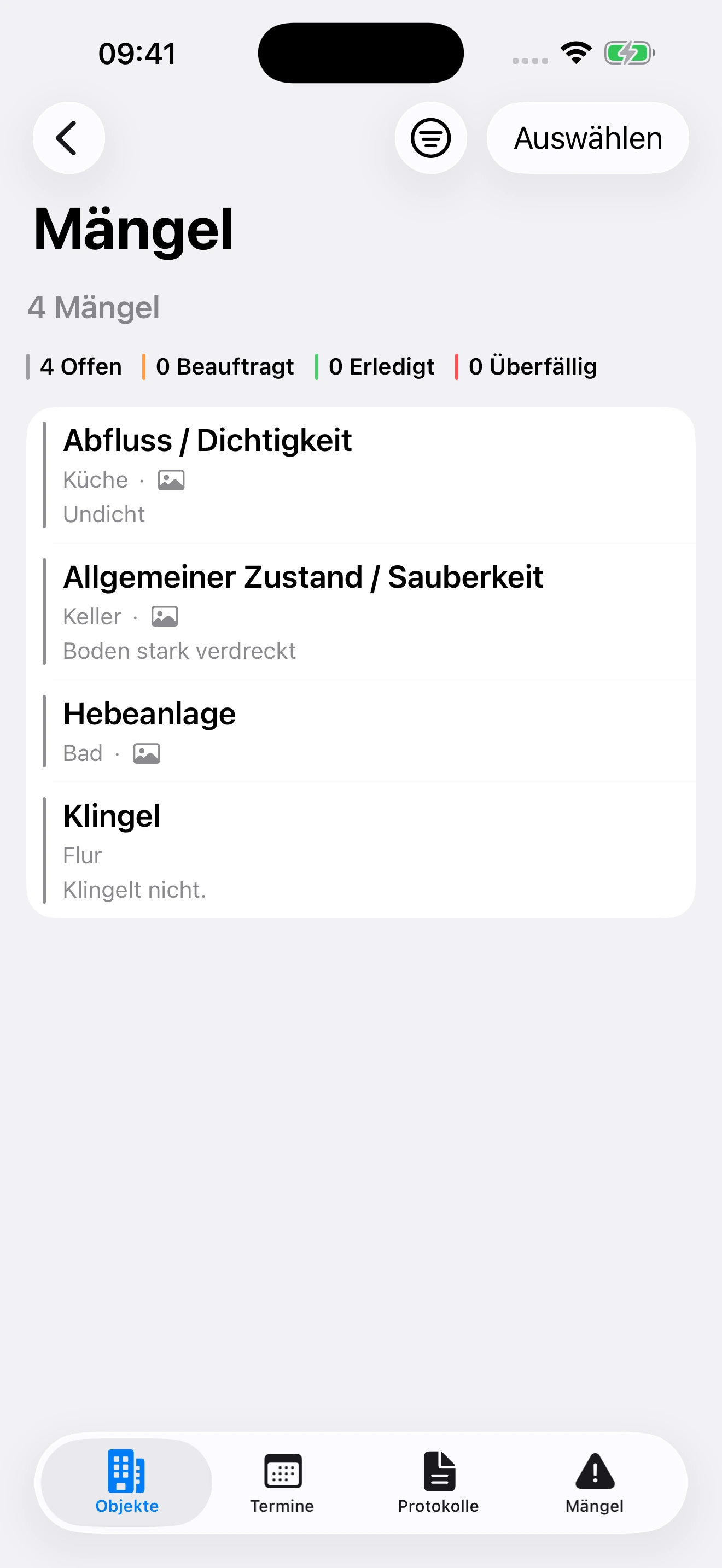 Die zum Objekt Frauenlobstraße 24 gehörenden Mängel mit Bearbeitungsstatus auf dem iPhone.