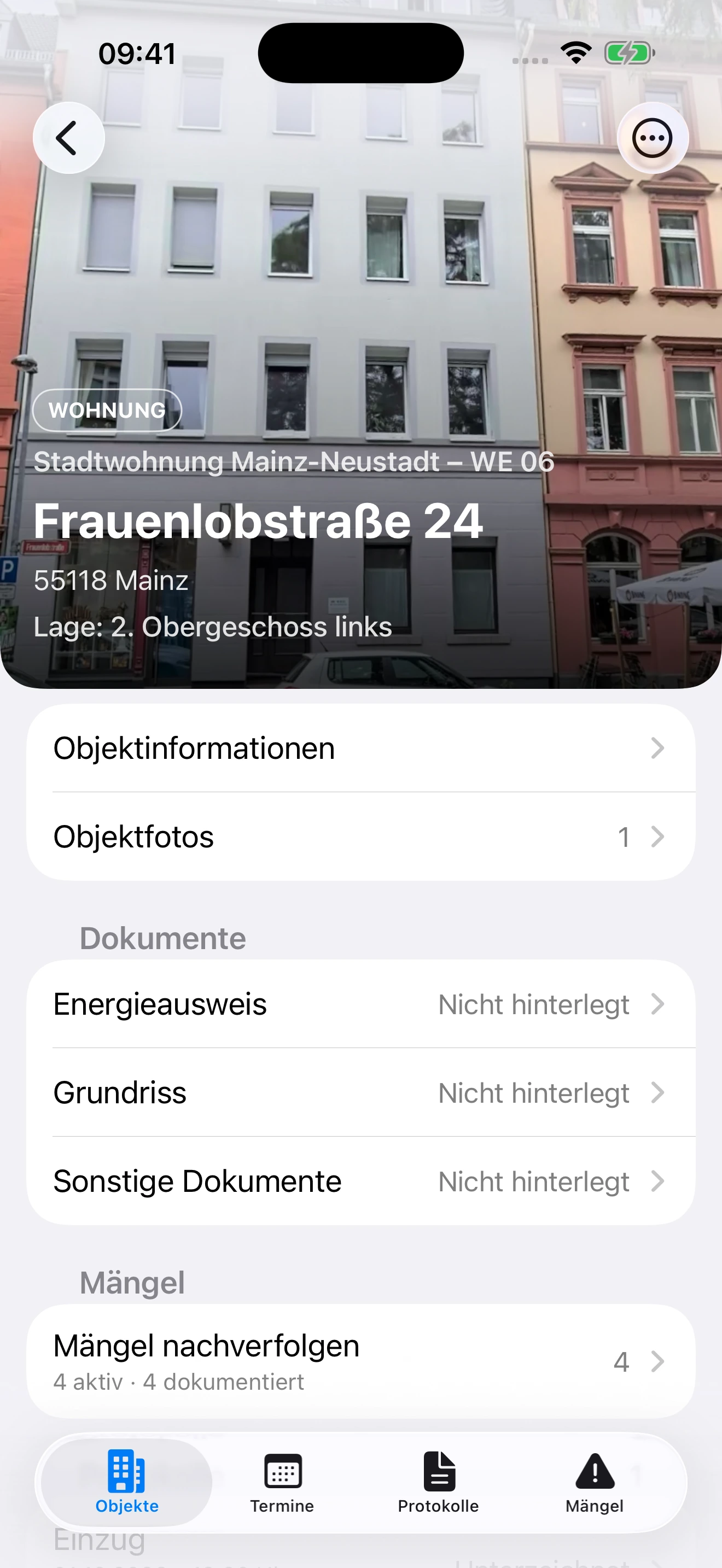 Objektansicht der Frauenlobstraße 24 in Mainz mit Foto und zugehörigem Protokoll auf dem iPhone.