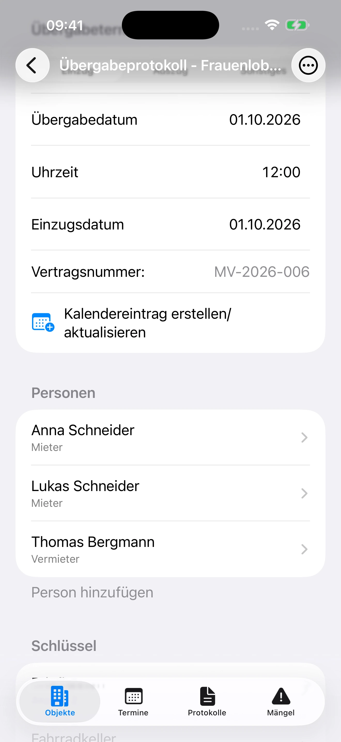 Einzugsprotokoll zur Frauenlobstraße 24 mit Übergabetermin und beteiligten Personen auf dem iPhone.