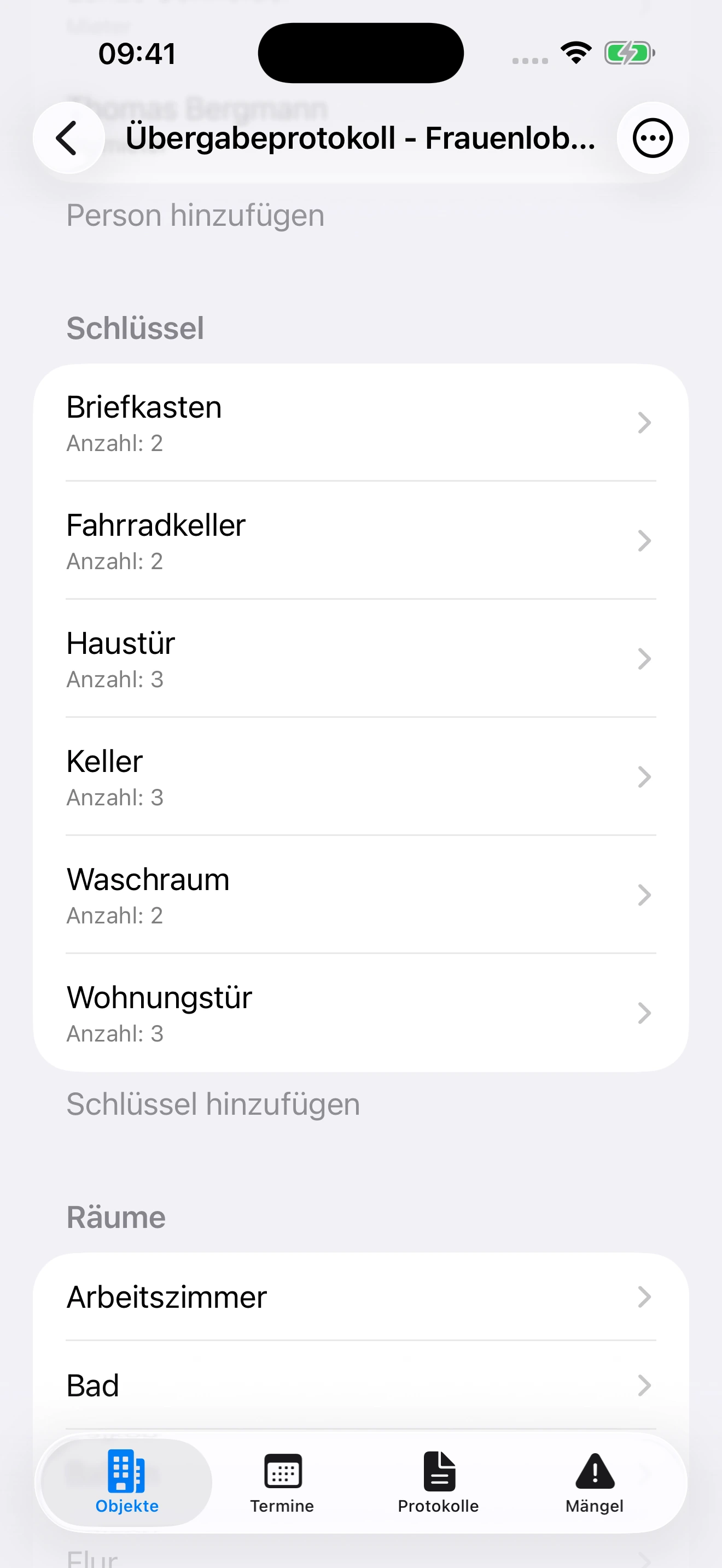 Schlüssel- und Raumübersicht im Protokoll zur Frauenlobstraße 24 auf dem iPhone.