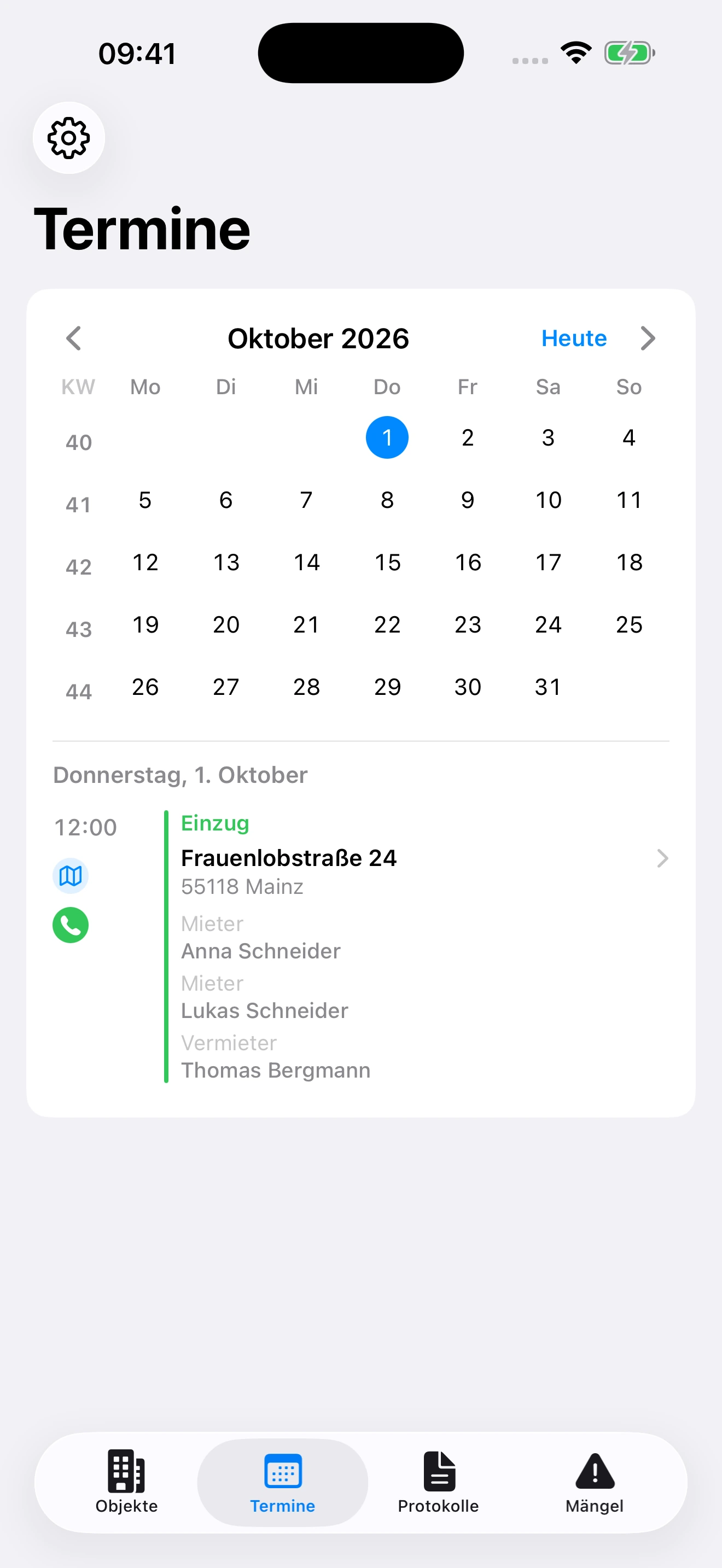 Kalenderansicht mit dem Übergabetermin zur Frauenlobstraße 24 am 1. Oktober 2026.